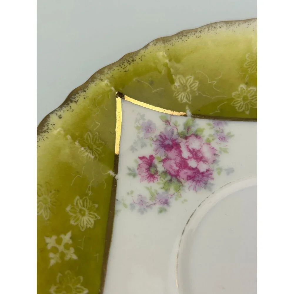 Excelsior Austria Porcelain Teacup & Saucer Green Pink Floral Victorian